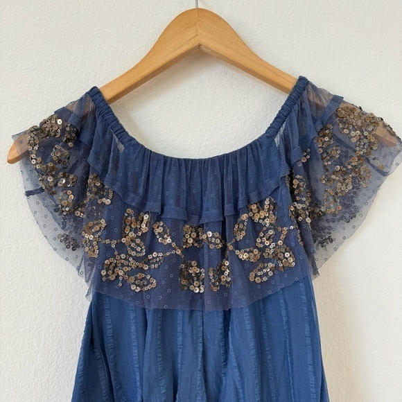 Free People Elisas Off the Shoulder Gold Sequin Blue Top XS SAMPLE - Picture 7 of 15